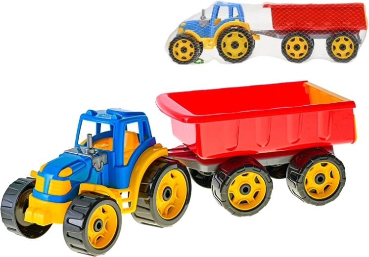 Blå-rød traktor med tipvogn 54 cm