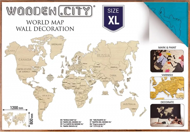 Træverdenskort til 3D-væg XL – naturlig turkis