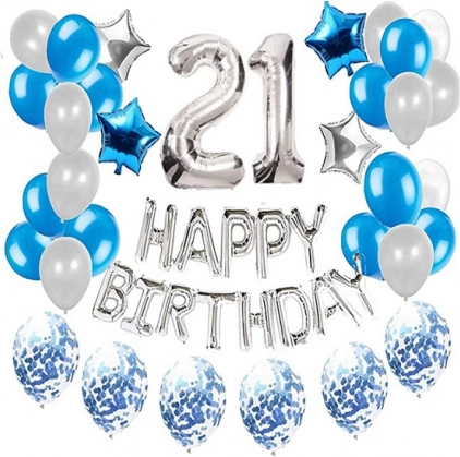 Sæt af balloner til 21-års fødselsdag - sølv og blå
