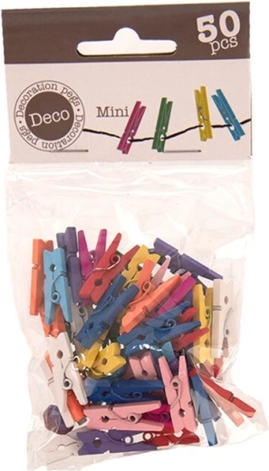 Farverige mini tøjklemmer i træ 2,5 cm (50 stk.)