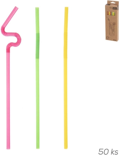 Genanvendelige plastiksugerør 24 cm med langt fleksibelt led, mix af farver, 50 stk.