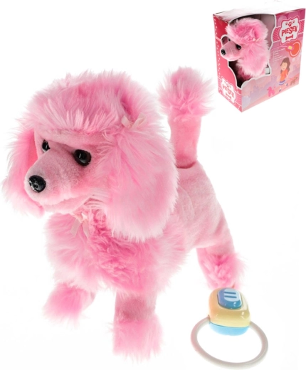 Plys-hund, lyserød puddel på snor med lyd 23 cm
