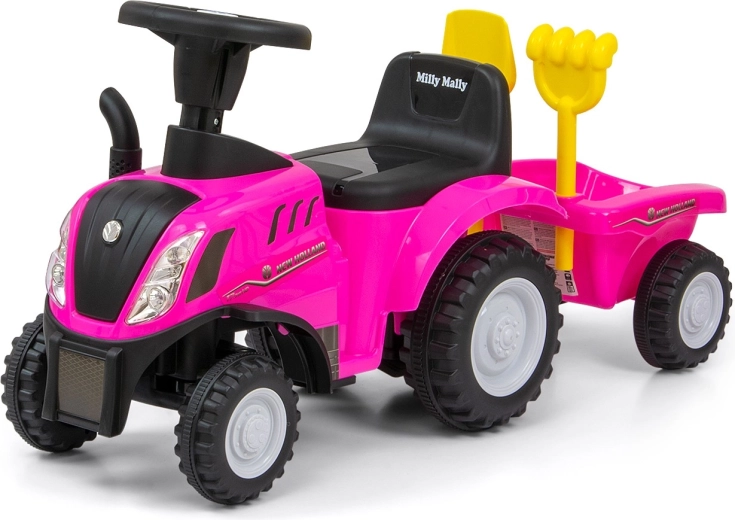 Løbecykel NEW HOLLAND T7 traktor lyserød med trailer