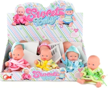Dukkebaby i farverig morgenkåbe med hætte 11 cm
