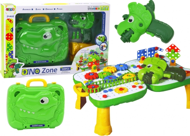 Børne DIY-bord med kuffert DINOSAUR og batteridrevet boremaskine, 249 dele