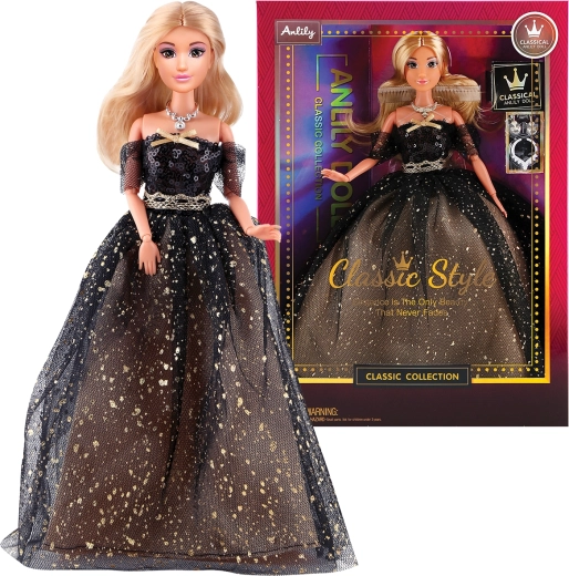 Mode-dukke i aftenkjole – lang sort