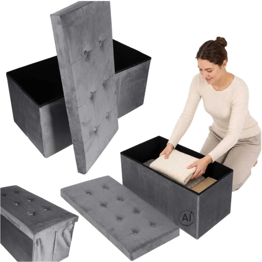 Sammenklappelig velourpuf med opbevaringsrum grå 77 × 38 × 37 cm