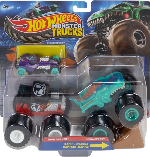 Mattel Hot Wheels Monster Trucks-sæt med 2 monstertrucks, rampe og Hot Wheels-bil