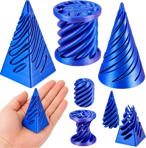 Antistress 3D sanse-sæt – roterende kegle, cylinder og pyramide (blå)