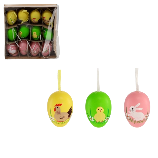 Sæt med 12 påskeæg med ophæng i pastelfarver