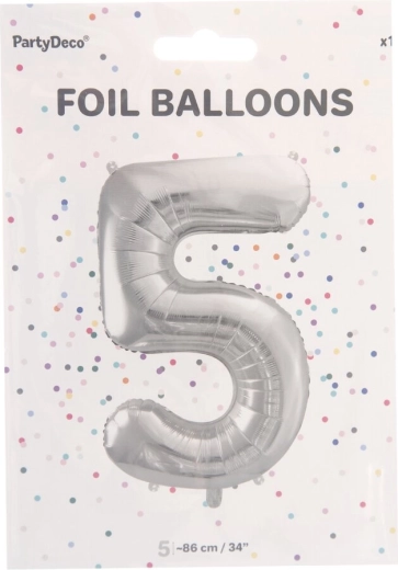 Sølv folieballon tal 5, 86 cm