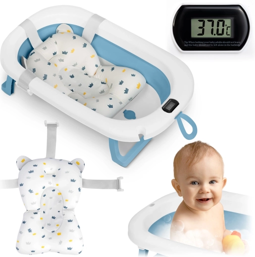 Sammenklappelig babybadekar med termometer og nyfødtindsats, hvid/blå