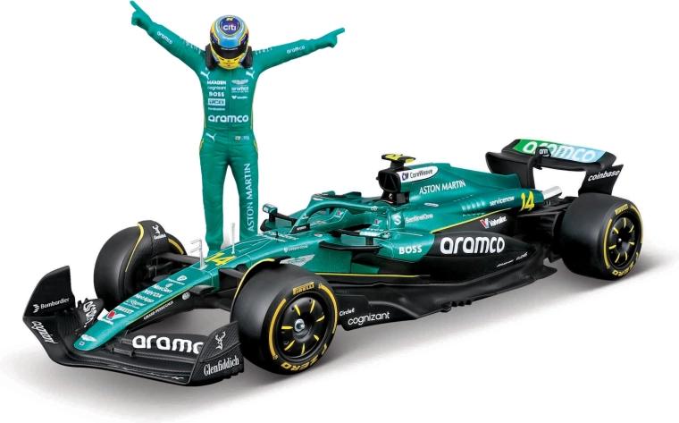 Bburago Formel 1-model Aston Martin AMR25 2025 med kørerfigur Fernando Alonso (nr. 14) 1:24