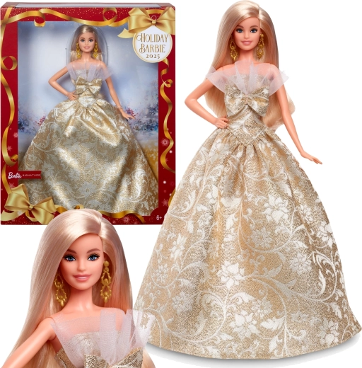 Samlerdukke Barbie Signature Holiday Joyeux Noel i guldfarvet og hvid kjole