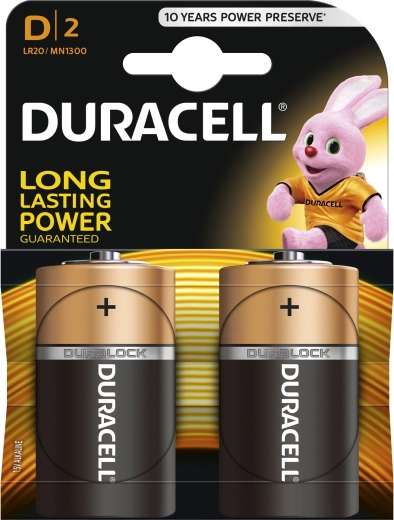 Duracell alkaline batterier D 1,5 V, 2 stk.