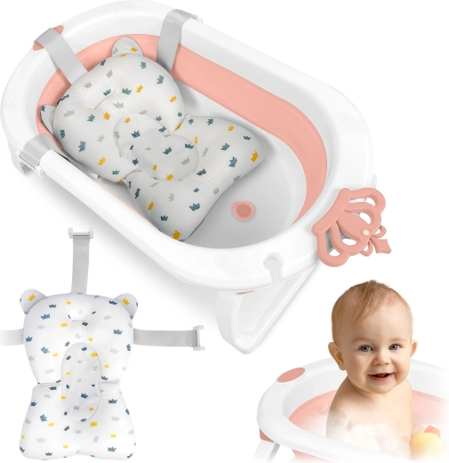 Sammenklappelig babybadekar med nyfødtindsats RICOKIDS hvid/lyserød
