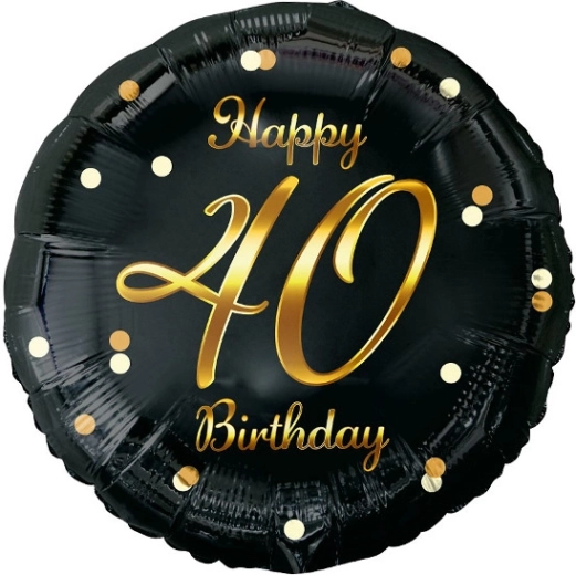 Folieballon Happy 40th Birthday sort med gyldent print