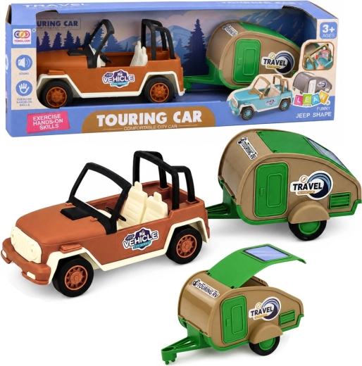 Terrænbil med campingvogn med lydeffekter (grøn-brun sæt)