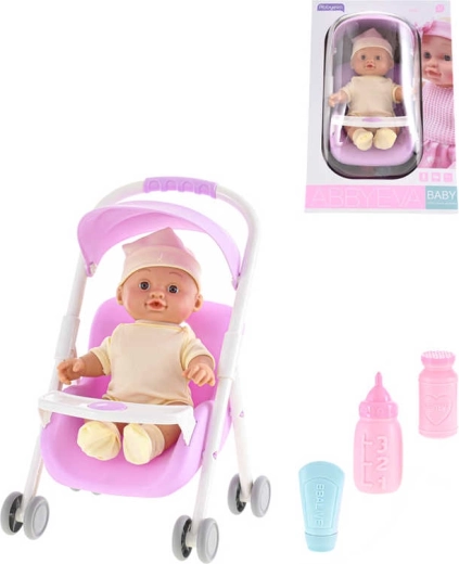 Babydukke i klapvogn med lyde og tilbehør 24 cm