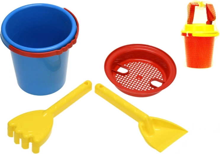 Sæt til sandleg i net (spand, si, skovl, rive) 14 cm
