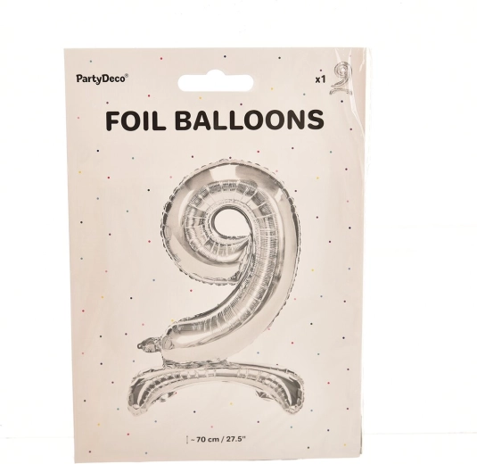 Stående folieballon tal 9 sølv 70 cm