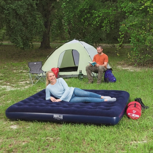 Dobbelt oppustelig madras med velouroverflade, blå, 203 × 183 × 22 cm