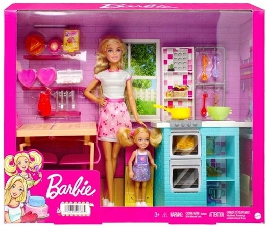 Barbie og Chelsea-sæt til fælles bagning med køkken og spisebord