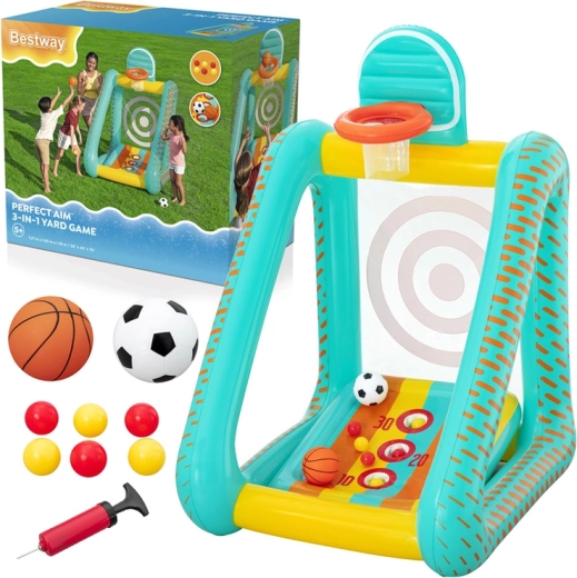 Bestway oppusteligt legecenter 3-i-1 til børn – basketball, fodbold og målskive 127 × 109 × 178 cm