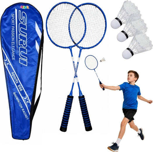 Badmintonsæt med 2 ketchere, 3 fjerbolde og etui – blå