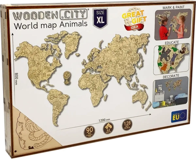 Wooden.City verdenskort i træ med dyr XL