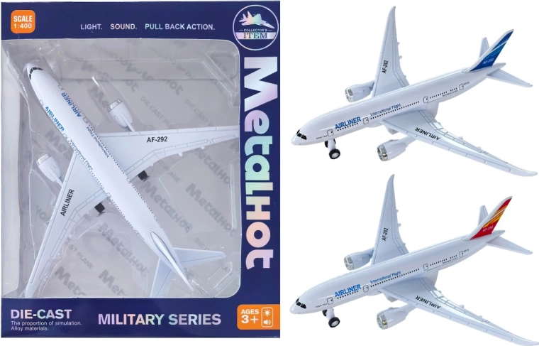 Metalmodel af passagerfly Airliner 1:400 med lys og lyd