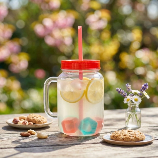 Rødt glas med sugerør og kølende isterninger, 550 ml