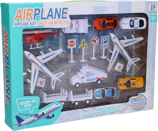 Lufthavnssæt med køretøjer og fly