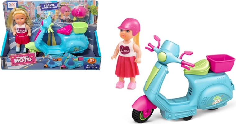 Dukke på scooter med kurv og hjelm