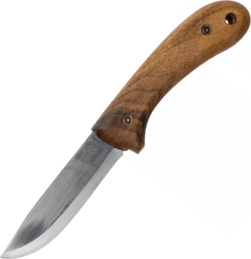 Bushcraft-kniv af kulstofstål med skæfte af valnøddetræ og læderskede