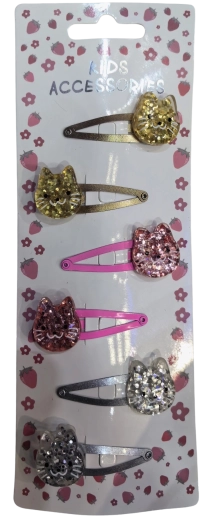 Pink sæt med glitrende hårspænder med katte, 6 stk.