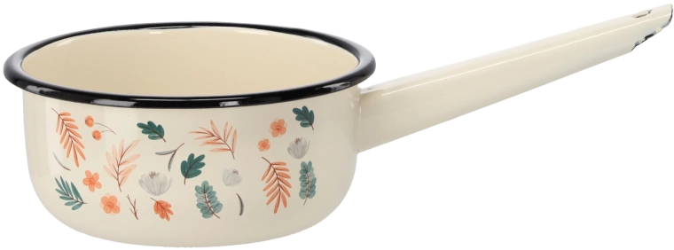 Emaljeret kasserolle med håndtag 1,5 l, 16 cm, creme med blade