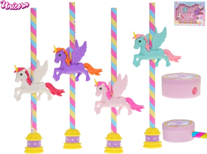Unicorn-blyantsæt med viskelæder og blyantspidser, 4 stk.