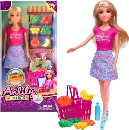 Dukke med indkøbskurv og frugt- og grøntsagsbutik