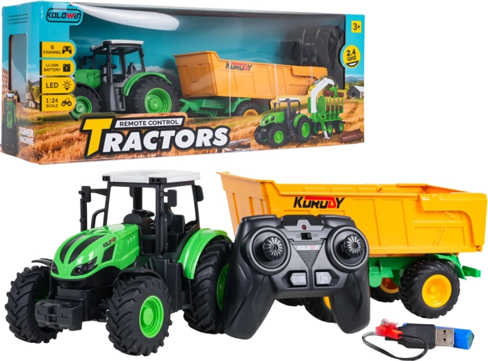 Fjernstyret traktor med gul tiptrailer 1:24