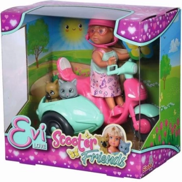 Dukke EVI LOVE på scooter med hund og kat, 12 cm