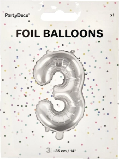 Sølv folieballon tal 3, 35 cm