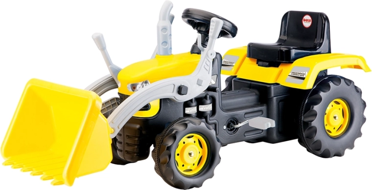 Stor pedaldrevet traktor med gravemaskine – gul