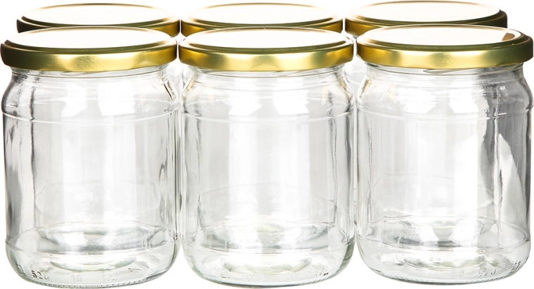 Sæt med 6 sylteglas 520 ml med gyldne låg Ø 82