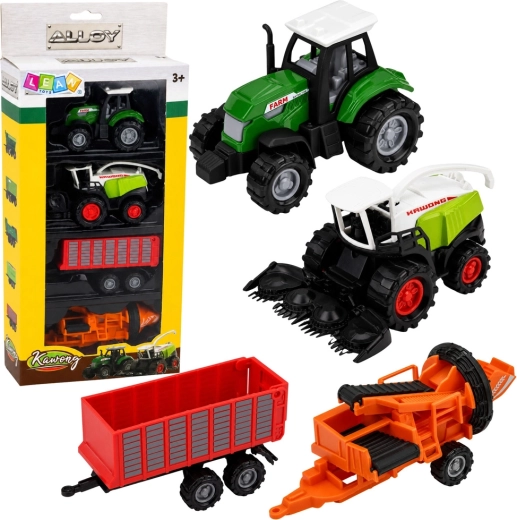 Sæt med landbrugskøretøjer – traktor, finsnitter, anhænger og ballepresser (4 stk.) 1:68