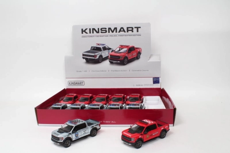 Model Ford F-150 Raptor 1:46 – politi-/brandvæsen pick-up med pull-back