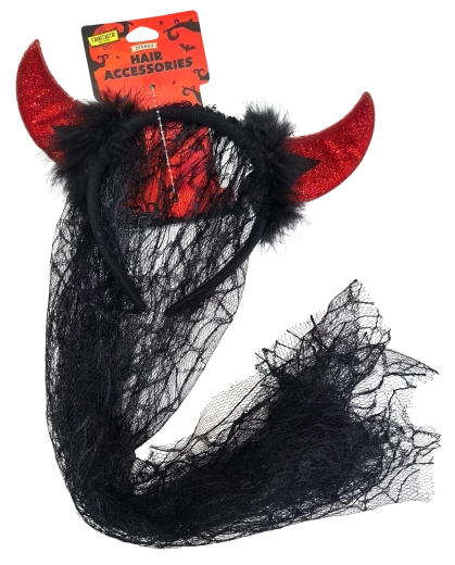 Halloween-hårbøjle med horn og sort slør - 1 stk.