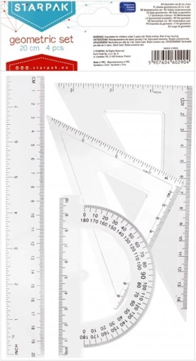 Geometrisæt af linealer 20 cm med gradskive og trekantlinealer