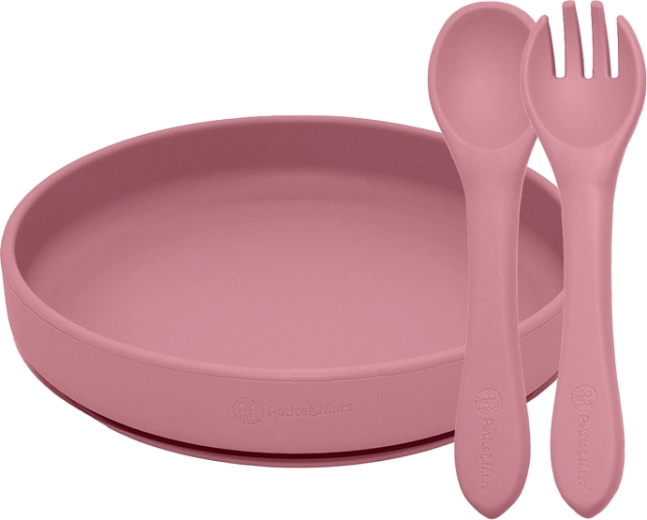 Spisesæt i silikone Petite&Mars Take&Match – tallerken med sugekop og bestik dusty rose (6 m+)