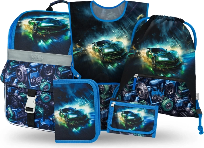 Baagl skolesæt 5 dele Zippy racerbils – skoletaske, penalhus, sportspose, forklæde og pung